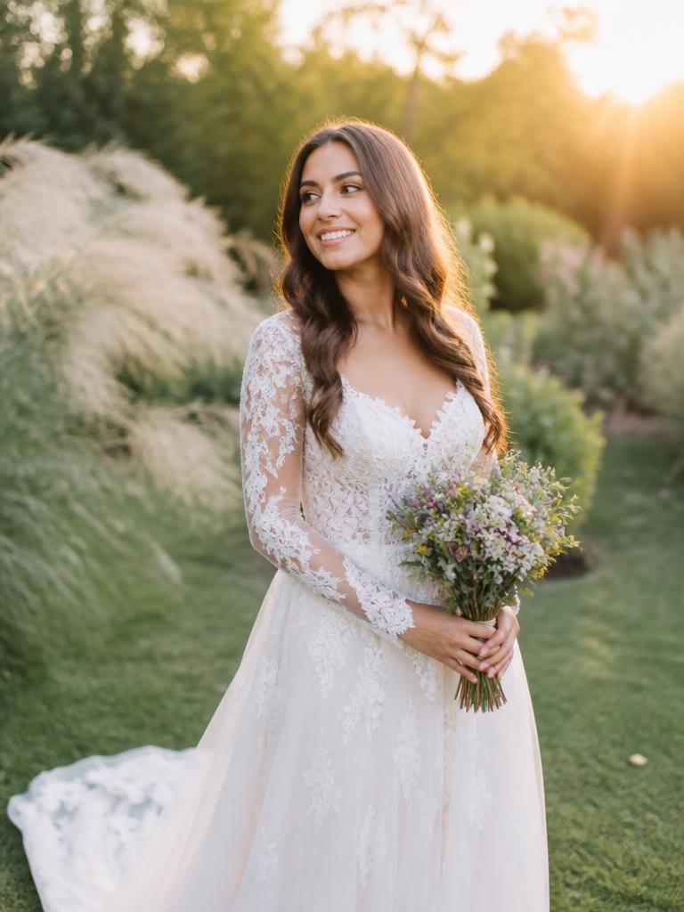 Noiva em estilo boho com buquê de flores do campo